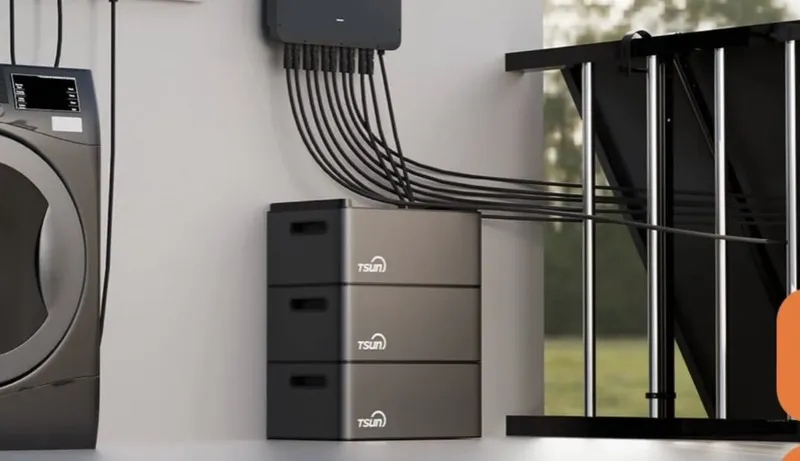 TSUN battery stack — στοίβα μπαταριών TSUN συνδεδεμένη με microinverter